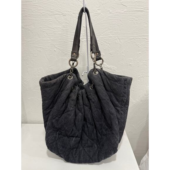 Chanel Quilted Denim Stretch Open Top Spirit Cabas Hobo Tote Bag Dark Grey - Picture 1 of 5